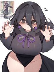 1girls big_breasts blush breasts brown_hair cleavage clothed clothing creatures_(company) female female_focus female_only game_freak hex_maniac hex_maniac_(z-a) hips long_hair nintendo pokemon pokemon_legends:_z-a solo solo_focus thick_thighs thighs white_background wide_hips