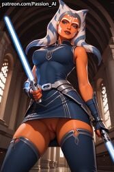 ahsoka_tano ai_generated blue_eyes blue_skirt blue_stockings jedi lightsaber looking_at_viewer orange_body orange_skin pussy standing star_wars star_wars:_the_clone_wars temple togruta upskirt