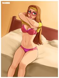 1girls abs aozee bed belly big_hero_6 blonde_hair bra breasts cleavage clothed clothing disney dutch_angle female female_only glasses green_eyes half-closed_eyes honey_lemon human legs_together long_hair looking_at_viewer marvel panties pink_bra pink_panties pink_underwear shirt shirt_lift sitting solo text underwear undressing watermark white_border wide_hips yellow_shirt