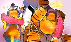 2boys anthro barbed_penis basslapping blush blush feline fish fishstick_(fortnite) fortnite fortnite:_battle_royale full_nelson hand_on_head marine nervous nervous_sweat orange_body orange_fur oscar_(fortnite) shortstack size_difference small_anus tiger yaoi