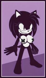 2017_x 5_fingers ai_generated amy_rose anthropomorphic black_eyes black_fur black_hair confident confidently_naked creepy creepy_smile eyelashes female female hedgehog hedgehog_girl hedgehog_humanoid large_breasts naked no_toes nude pale_skin pasties pixai purple_background short_girl simple_background solo sonic.exe_(series) x_pasties