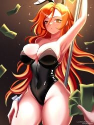 alternate_breast_size alternative_version_available big_boobs big_breasts big_thighs black_bodysuit bodysuit bunny_costume bunny_ear bunny_ears bunny_girl bunny_suit bunnysuit genshin_impact ginger ginger_hair luchikki mavuika_(genshin_impact) money orange_eyes orange_hair stripper stripper_pole