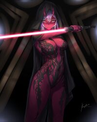 akumi bodysuit breasts center_opening cleavage cloak closed_mouth dark_skin elbow_gloves female gloves hair_between_eyes holding holding_weapon horns large_breasts long_hair looking_at_viewer navel red_eyes red_skin signature solo standing sword vyugen weapon yellow_eyes