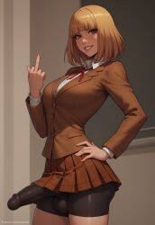 1futa 1futanari ai_generated ass big_ass big_breasts big_butt big_hips big_penis bike_shorts black_shorts blonde_hair bob_cut breasts brown_clothes brown_clothing brown_eyes brown_jacket brown_skirt cleavage clothed clothing dick dickgirl erection_under_clothes erection_under_skirt eyebrows eyelashes futa_only futanari grin grinning grinning_at_viewer hair hand_on_hip hands-free high_school_student huge_cock indoors jacket lips lipstick long_hair looking_at_viewer makeup medium_hair middle_finger midorikawa_hana narrow_waist narrowed_eyes nose penis prison_school ribbon school school_uniform schoolgirl schoolgirl_uniform seducing seductive seductive_eyes seductive_gaze seductive_look seductive_mouth seductive_pose seductive_smile shirt short_hair side_view skirt smile smile_at_viewer smiley_face smooth_balls smooth_penis smooth_skin solo solo_dickgirl solo_focus solo_futa solo_futanari testicles tight_clothing uniform velonix white_shirt yellow_hair