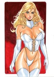 blonde_female blonde_hair blue_eyes breasts choker cleavage corset ed_benes_studio emma_frost female female_only hellfire_club large_breasts levi_souza_(artist) marvel marvel_comics panties thong_panties white_queen x-men