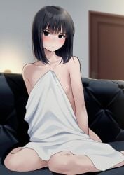 black_hair blue_eyes blurry blurry_background blush closed_mouth commentary_request couch covering_privates door female flat_chest highres indoors kiona_(giraffe_kiona) looking_at_viewer medium_hair nude nude_cover originalabsurdres sitting solo towel wariza