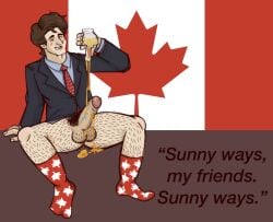 blue_eyes boiledhotdog canada flag_background hairy_balls hairy_legs half-closed_eyes half-dressed justin_trudeau light-skinned_male looking_at_viewer male male_only maple_leaf maple_syrup politician politics pouring_on_self presenting_penis procreate_(software) quote real_person smiling_at_viewer socks solo sticky suit