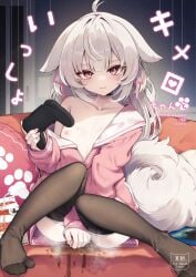 absurdres animal_ears black_pantyhose blush closed_mouth clothes_pull collarbone commentary_request content_rating controller couch cover cover_page doujin_cover drinking_straw female fingernails flat_chest fox_ears fox_girl fox_tail game_controller glaring grey_hair hair_intakes highres holding holding_controller holding_game_controller hyouta_(yoneya) indoors jacket juice_box kemonomimi knees_together_feet_apart long_sleeves mole mole_on_chest mole_on_collarbone mole_under_eye nipples on_couch original pantyhose pantyhose_pull paw_print petite pink_jacket puffy_long_sleeves puffy_sleeves pussy_juice red_eyes single_bare_shoulder single_off_shoulder soles stained_sheets tail thighs young