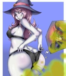 2girls akko_kagari anus ass ass ass_bigger_than_head asshole big_ass big_butt black_bra black_panties bra fart fart_cloud fart_fetish farting farting_in_face farting_on_another giantess grey_skin hat lazei little_witch_academia looking_back panties pink_hair rear_view red_eyes sharp_teeth smile standing sucy_manbavaran tears viewed_from_behind witch_hat yuri