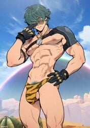 1boy abs ballsack bulge desert eromite gloves lighter_(zenless_zone_zero) male male_only muscular muscular_male nipples pubic_hair scars solo solo_male sunglasses toned underwear zenless_zone_zero