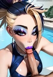 abs ai_generated akali armpits bare_shoulders beautiful bimbo bimbo_body bimbo_lips blonde_hair blowjob blowjob_face blue_eyes choker close-up close_up collarbone cute cute_face dark_hair eyebrows eyelashes eyeliner eyeshadow fake_breasts female freckles k/da_akali k/da_all_out_series k/da_series league_of_legends looking_at_viewer makeup mastarblastar medium_breasts medium_penis money multicolored_hair necklace offering_money ponytail pool poolside pose posing posing_for_the_viewer purple_lipstick round_breasts selfie selfie_pose slim_waist smile smiling smiling_at_viewer smug smug_face sucking sucking_penis sucking_tip tagme