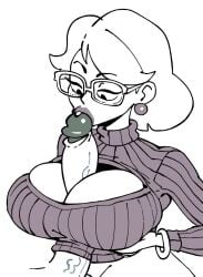 1girl big_breasts boobjob cleavage cleavage_cutout female female_only glasses huge_breasts kissing_penis milf original titfuck_under_clothes titjob toonatti toony turtleneck turtleneck_sweater voluptuous