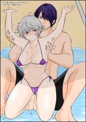 1boy 1girls arms_up beach big_breasts bikini blush canon_genderswap cleavage embarrassed female from_behind full_body genderswap_(mtf) ginko_sakata gintama gintoki_sakata hair_over_one_eye kneeling lotion male micro_bikini nasdon1202 nipple_bulge outdoors purple_bikini purple_hair red_eyes rule_63 short_hair sunscreen takasugi_shinsuke thick_thighs very_short_hair white_hair