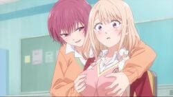 2girls animated big_breasts blonde_hair blush bouncing_breasts breast_grab breasts button_shirt close-up embarrassed embarrassed_female english_dialogue english_voice_acting grabbing_from_behind groping groping_breasts kawai_mona kuroiwa_medaka_ni_watashi_no_kawaii_ga_tsuujinai long_hair moaning orange_sweater orgasm pink_eyes pink_sweater public purple_eyes red_hair school_uniform shirt sitting squeezing_breast surprised surprised_expression sweater tagme talking video white_shirt yuri