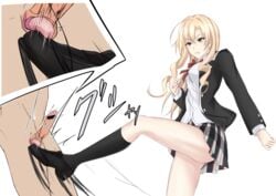 ballbusting blonde_hair blush breasts cbt cock_and_ball_torture femdom green_eyes jacket kicking_balls long_hair looking_at_another miura_yumiko my_teen_romantic_comedy_snafu necktie penis piro_(iiiiiiiiii) school_uniform schoolgirl shirt shoes skirt testicular_assault thighhighs white_background