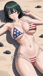 12kaneda12 1girls ai_generated american_flag_bikini bikini fubuki_(one-punch_man) large_breasts looking_at_viewer solo solo_female watermark wide_hips