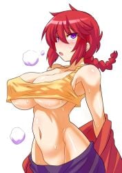 alternate_eye_color armpits arms_at_sides bare_arms bare_belly bare_shoulders belly_button blue_eyes body_blush braid breasts cleavage collarbone groin huge_breasts konno_tohiro no_bra parted_lips purple_eyes ranma-chan ranma_1/2 red_hair shiny_skin sweat sweaty_body underboob undressing