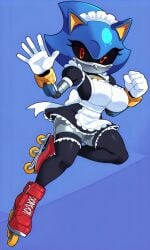 5_fingers ai_generated alternate_design blue_skin busty clothed curvy eyelashes genderswap_(mtf) gloves large_breasts maid maid_headdress maid_outfit maid_uniform metal_sonic metal_sonique no_mouth pixai pose red_eyes red_shoes roller_skates rollerskates rule_63 rule_63 simple_background sonic_(series) sonic_the_hedgehog_(series) thighhighs waving_at_viewer wristwear