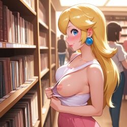 2girls ai_generated blonde_female blush book bookshelf bookstore breast_out erect_nipple female flashing flashing_breasts looking_at_viewer mario_(series) miniskirt nintendo princess_peach public_exposure public_indecency public_nudity pulling_clothing tank_top