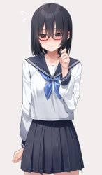 absurdres black_hair black_sailor_collar black_skirt blue_neckerchief blush brown_eyes closed_mouth collarbone female glasses highres kiona_(giraffe_kiona) long_sleeves neckerchief original sailor_collar school_uniform serafuku simple_background skirt solo white_background winter_uniform