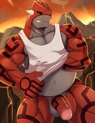 anthro anthro_only anthrofied balls barazoku biceps close-up clothed clothing groudon legendary_pokémon looking_at_viewer male male_only manly musclegut muscular navel nintendo nuroi pecs penis pokemon sharp_teeth shirt smile solo spikes standing teeth thick_penis thick_thighs triceps uncut undressing video_games volcanic_setting volcano yellow_eyes