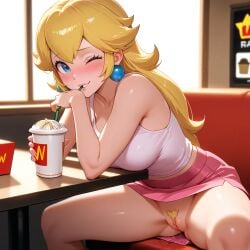 1girls ai_generated blonde_female blush female female_pubic_hair grinning_at_viewer legs_spread mario_(series) milkshake miniskirt nintendo princess_peach public_exposure public_indecency public_nudity pussy pussy_juice restaurant table tank_top winking_at_viewer