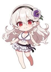 1girls bikini black_hairband blowing_kiss blush breasts cleavage corrin_(female)_(fire_emblem) corrin_(female)_(novice_vacationer)_(fire_emblem) corrin_(fire_emblem) corrin_(fire_emblem)_(female) female female_focus female_only fire_emblem fire_emblem_fates fire_emblem_heroes flower frilled_skirt front-tie_bikini grey_hair hair_between_eyes hair_flower hair_ornament hairband large_breasts long_hair looking_at_viewer midriff n_54 official_alternate_costume pointy_ears red_eyes smile solo swimsuit thighs white_bikini white_hair