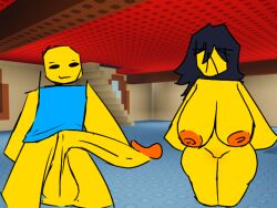 big_breasts black_hair blocky_body large_balls large_penis noob_(roblox) pussy roblox robloxian rule_63 teasing thick_thighs yellow_body