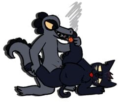 bea_(nitw) black_fur chest_tuft cigarette crocodilian feline female flat_chested fur grin illustratedinsanity low_res mae_(nitw) mammal night_in_the_woods pubes pussy reptile scalie sex slightly_chubby smile smoking tongue tongue_out tribadism tuft whiskers yuri