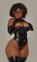 ai_generated areola_slip chubby_female dark-skinned_female large_breasts latex latex_bodysuit latex_clothing latex_gloves latex_thighhighs plump