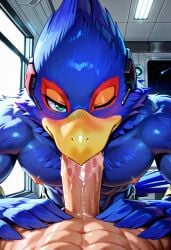 abs ai_generated anthro anthro_male avian biceps big_penis bird blowjob blue_fur blush deepthroat erection falco_lombardi furry gay green_eyes looking_at_viewer male male/male male_only muscular muscular_male nipples nude_male pecs penis penis_in_mouth star_fox toned_body toned_male twall97 wink winking