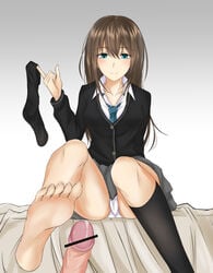 blush breasts brown_hair collarbone feet femdom green_eyes highres idolmaster idolmaster_cinderella_girls legs long_hair necktie panties pantyshot penis piro_(iiiiiiiiii) school_uniform shibuya_rin shirt skirt socks soles toes underwear