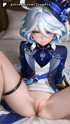 ai_generated blush bottomless furina_(genshin_impact) genshin_impact hat looking_at_viewer on_bed patreon patreon_username pillow pussy pussy_juice spread_legs thigh_strap thighs trugprz white_hair