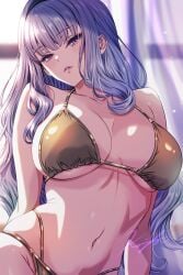 alternate_costume bikini blurry blurry_background breasts collarbone curtains female gold_bikini grey_hair highres idolmaster idolmaster_(classic) indoors koya_(koya_x_00) large_breasts long_hair looking_at_viewer navel parted_lips pink_eyes shijou_takane signature solo stomach string_bikini swimsuit variant_set very_long_hair