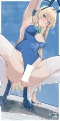 animal_ears aqua_bow aqua_bowtie arm_up armpits artist_name bar_censor blonde_hair blue_archive blue_eyes blue_hairband blue_halo blue_leotard bow bowtie censored clothing_aside covered_navel detached_collar fake_animal_ears female full_body hairband halo high_heels highleg highleg_leotard highres leotard leotard_aside long_hair looking_at_viewer m_legs ozzyart_0221 peeing playboy_bunny rabbit_ears solo squatting strapless strapless_leotard sweat thighhighs toki_(blue_archive) toki_(bunny)_(blue_archive) urine white_thighhighs white_wrist_cuffs wrist_cuffs