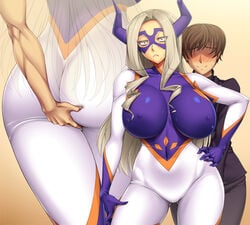 1boy 1girls ameoto ass ass_grab big_ass big_breasts big_butt bimbo blonde_hair bodysuit breasts bubble_ass bubble_butt busty covered_navel cowboy_shot dat_ass domino_mask embarrassed female gloves hand_on_hip hero_outfit_(mha) highres horns huge_breasts impossible_clothes long_hair long_sleeves mask mount_lady my_hero_academia no_eyes purple_gloves school_uniform skin_tight standing surprised thick_ass yuu_takeyama zoom_layer