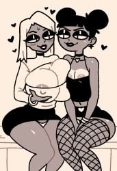 2girls big_breasts bikini black_hair blush breast_press breast_squish breasts breasts_squeezed_together bubble_butt busty cartoony dark-skinned_female dark_male_only dark_skin fat_ass female_only females feminine_body feminine_male flat_chest highleg huge_breasts male microskirt miniskirt monochrome nipplea original skirt small_breasts tan_body tan_skin tanline thick_ass thick_thighs thong toon toonatti toony voluptuous white_hair yuri