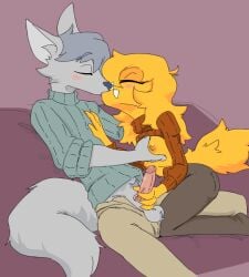 anthro blush breast_grab breasts canid canine canis closed_eyes clothing domestic_dog duo fangs female fur grey_body grey_fur hand_on_breast handjob jizzus kissing male male/female mammal penile romy_(virteil) sex sweater tail teeth topwear yellow_body yellow_fur