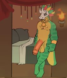 2025 anthro balls bed bedroom bedroom_eyes big_penis bone bone_mask bracelet colored digital_media_(artwork) foreskin furniture genitals headdress hi_res horn inviting inviting_to_sex jewelry knightferret lizardman male mask narrowed_eyes necklace necklace_only nude penis scalie seductive skull skull_mask solo terraria torch uncircumcised witch_doctor_(terraria)