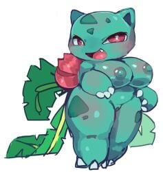 2025 4chan_anon anthro areola belly big_breasts big_eyes breasts cel_shading digital_media_(artwork) elemental_creature exposure_variation feet female fingers flora_fauna flower full-length_portrait generation_1_pokemon genitals green_body hand_on_hip huge_breasts ivysaur leaf looking_at_viewer nintendo nipples nude open_mouth open_smile pink_tongue plant pokemon pokemon_(species) portrait pupils pussy red_eyes scalie shaded short_stack simple_background slightly_chubby smile snaggle_tooth solo standing three-quarter_view toes tongue white_background white_pupils wide_hips