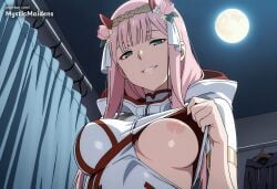 ai_generated anime anime_style blush breasts clothes_lift curtains darling_in_the_franxx female flashing flower full_moon green_eyes grin hair_flower hair_ornament hairband hentai hi_res hood horns long_hair looking_at_viewer makeup medium_breasts moon mystic_maidens night night_sky nipples one_breast_out patreon pink_hair sky smile solo upper_body white_hairband zero_two_(darling_in_the_franxx)