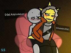 ass big_ass big_butt blush blush_lines dialogue dialogue_box epic_games fortnite fortnite:_battle_royale lap_sitting male male/male male_only sci-salandre simple_background sitting sitting_on_chair sitting_on_lap sitting_on_penis sitting_on_person sunspot_(fortnite) sweat sweatdrop sweating sweaty sweaty_body sweaty_butt text