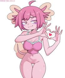 1girls axolotl axolotl_humanoid bottomless breasts female female_only freckles heart heart_symbol navel nude oc original original_character pink_body pink_hair pussy solo thigh_gap thighs tobias_wheller topwear topwear_only vitzy_(vitzypie)