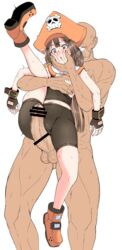 bar_censor bike_shorts blush brown_eyes brown_hair censored cheek_squash clothed_female_nude_male faceless faceless_male female fingerless_gloves gloves grabbing grabbing_from_behind guilty_gear guilty_gear_xrd hat huge_cock imminent_rape leg_up may_(guilty_gear) midriff navel nude penis pirate_hat precum sailor_collar solo_focus straight sweat testicles