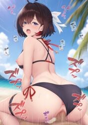 1boy ahoge anus ass ass_focus atelier_(series) atelier_yumia back beach bikini bikini_bottom_aside bikini_top_aside black_hair blue_sky breasts clothing_aside cloud commentary_request cowgirl_position day female highres looking_at_viewer looking_back moaning mole mole_under_eye nipples ocean open_mouth outdoors panriru penis purple_eyes pussy reverse_cowgirl_position sex short_hair side-tie_bikini_bottom sky straddling straight swimsuit teeth tongue upper_teeth_only vaginal_penetration yumia_liessfeldt