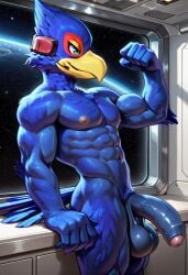 abs ai_generated anthro anthro_male avian balls biceps big_balls big_penis bird blue_fur blush falco_lombardi flexing_arms foreskin furry gay green_eyes male male_only muscular muscular_male nipples nude_male pecs penis smile star_fox toned_body toned_male twall97 uncut