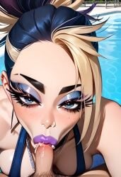 abs ai_generated akali bare_shoulders beautiful bimbo bimbo_body bimbo_lips blonde_hair blowjob blowjob_face blowjob_pov blue_eyes choker close-up close_up collarbone cum cum_in_mouth cum_in_nose cute cute_face dark_hair eyebrows eyelashes eyeliner eyeshadow fake_breasts female freckles k/da_akali k/da_all_out_series k/da_series league_of_legends looking_at_viewer makeup male_pov mastarblastar medium_breasts multicolored_hair necklace ponytail pool poolside pose posing posing_for_the_viewer purple_lipstick round_breasts selfie selfie_pose slim_waist small_penis smile smiling smiling_at_viewer smug smug_face sucking sucking_penis sucking_tip tagme