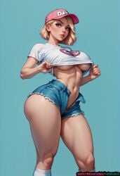 ai_generated big_ass big_breasts blonde_hair blue_eyes bubble_butt gwen_stacy kneehighs kneesocks marvel midriff short_hair slutty_pose underboob unzipped_shorts velzevulito wide_hips