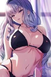 alternate_costume bikini blurry blurry_background breasts collarbone curtains female grey_hair highres idolmaster idolmaster_(classic) indoors koya_(koya_x_00) large_breasts long_hair looking_at_viewer navel parted_lips pink_eyes shijou_takane signature solo stomach string_bikini swimsuit variant_set very_long_hair white_bikini