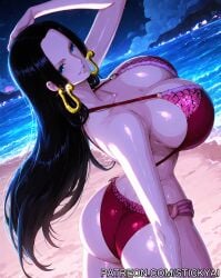 1girls ai_generated anime beach black_hair blue_eyes boa_hancock breasts breasts fit long_hair night nsfw ocean one_piece sand shounen_jump stickyai